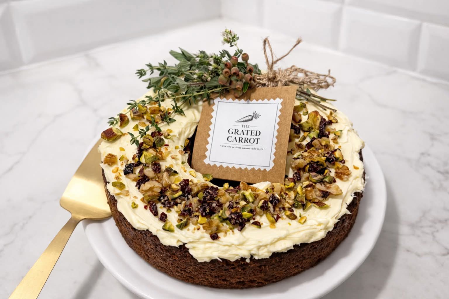 A carrot cake topped with cream cheese frosting, pistachios, walnuts and cranberries